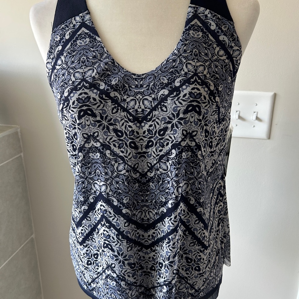 NWT INC Navy and White Patterned Tank SZ S